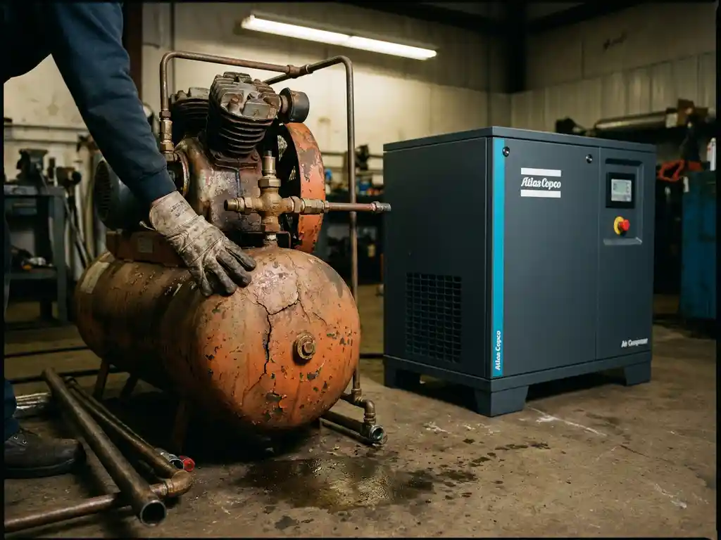 Veralteter Industriekompressor mit Korrosion neben modernem Atlas Copco Ersatzgerät auf Betonboden, Techniker legt Hand auf alte Maschine.