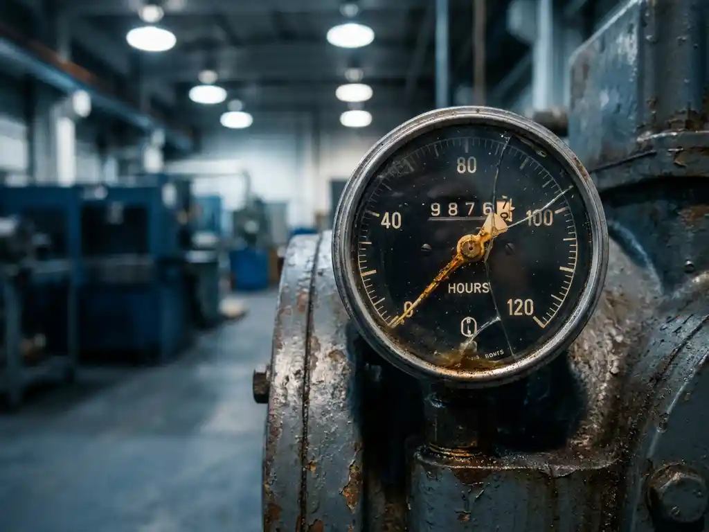 Verwittertes Betriebsstundenzähler-Manometer auf dem Stahlgehäuse eines Schraubenkompressors mit hohem Zeigerstand.