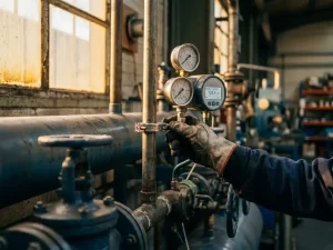 Techniker justiert Sensorschelle an Druckluftsystem mit Analogmanometern und digitalen Anzeigen in warmen Fabrikhallenlicht.