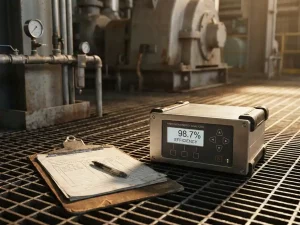 Energiemessgerät und Klemmbrett für Industrieaudit auf Stahlfabrikboden, Druckluftleitungen im Hintergrund.