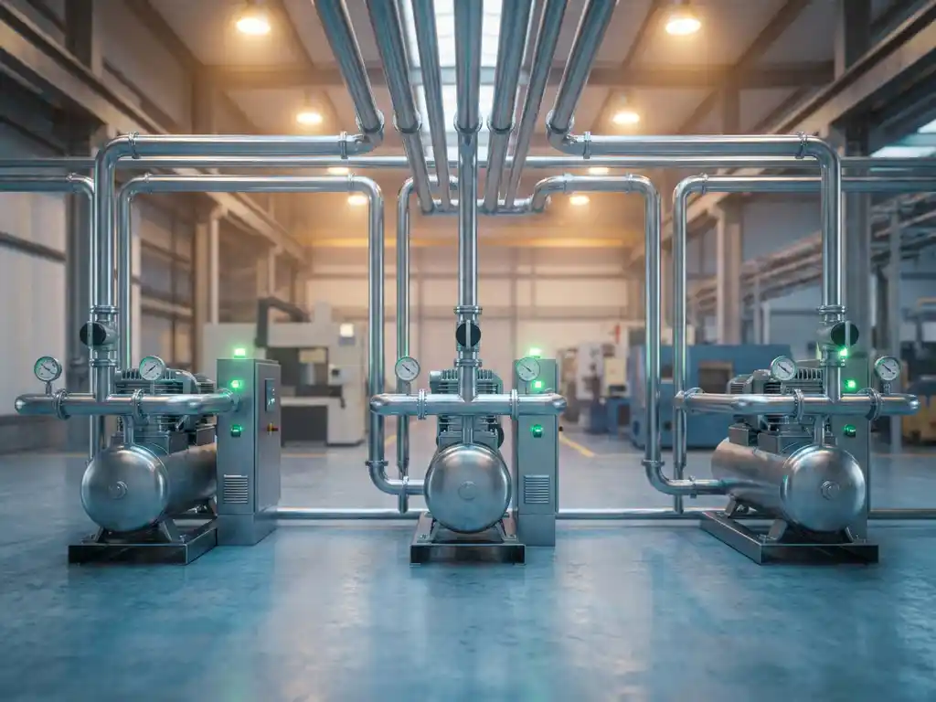 Symmetrisch verzweigtes Druckluft-Rohrleitungsnetz mit Silberkompressoren und leuchtenden Energieeffizienz-Anzeigen auf einer modernen Fabrikhalle.