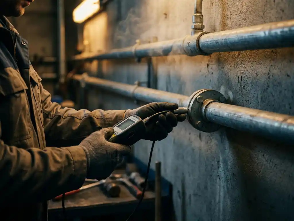 Techniker prüft Druckluft-Rohrverbindung mit Ultraschall-Leckdetektor in einer Industriehalle.