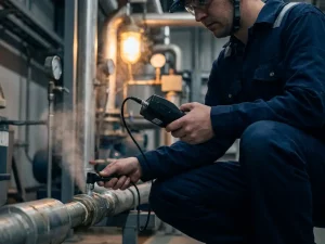 Techniker mit Ultraschall-Leckdetektor prüft Druckluftleitung in Industrieanlage, feiner Nebel an undichter Rohrverbindung sichtbar.