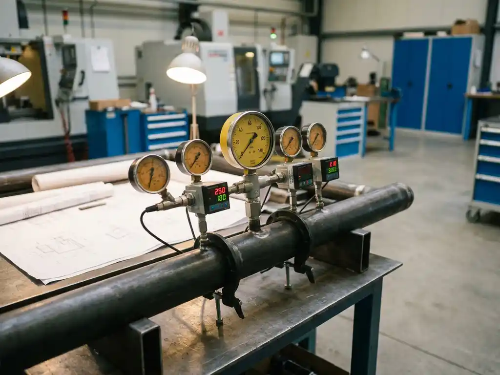 Druckluft-Messgerät mit Analoganzeigen und digitalen Sensoren an Industrierohren, gelbes Manometer im Vordergrund, Blaupausen auf Stahlwerkbank.