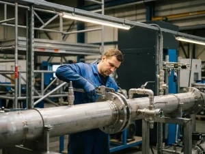Techniker verbindet großkalibrige Edelstahl-Druckluftleitungen mit Präzisionsarmaturen in einer Industrieanlage.