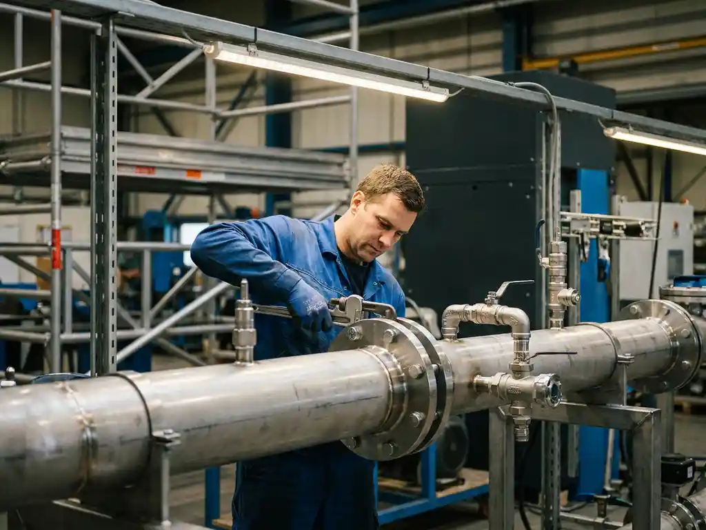Techniker verbindet großkalibrige Edelstahl-Druckluftleitungen mit Präzisionsarmaturen in einer Industrieanlage.