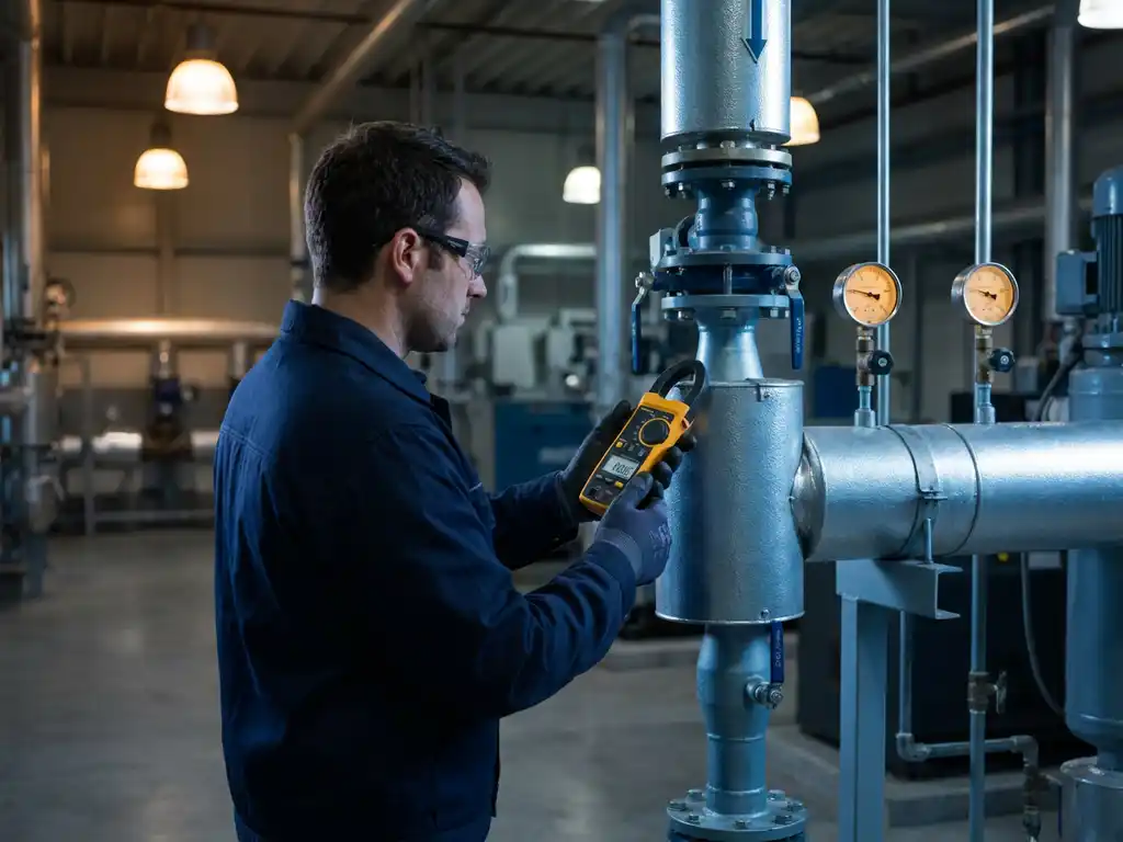Techniker misst mit Zangenamperemeter an industrieller Druckluftleitung, Manometer und Druckventile im Hintergrund sichtbar.
