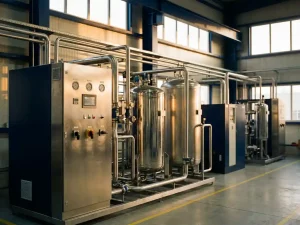 Industrielle Druckluftanlage mit Rohren, Druckbehältern und Steuerungspanelen auf sauberem Hallenboden in warmem Licht.