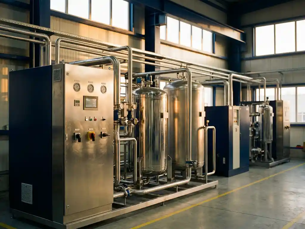 Industrielle Druckluftanlage mit Rohren, Druckbehältern und Steuerungspanelen auf sauberem Hallenboden in warmem Licht.