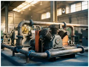 Industrieller Druckluftkompressor auf Fabrikboden mit verzweigten Stahlrohren, beleuchtet von warmem Oberlicht.