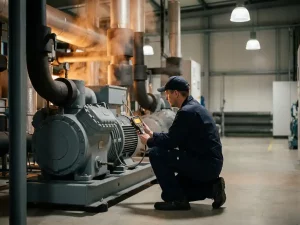 Techniker liest Druckmesswerte an einem industriellen Kompressor ab, Wärmedämmung an Rohren spart Energie in moderner Fabrikhalle.