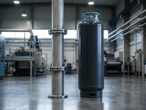 Edelstahl-Druckluftleitung und Stickstoffdruckbehälter mit Kondensation auf poliertem Industrieboden, diffuses Deckenlicht.