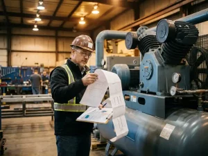 Energieberater analysiert Messprintout neben Industrie-Druckluftkompressor in Fabrikhalle mit Klemmbrett und technischen Diagrammen.