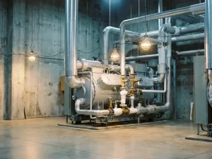 Industrielle Kältekompressoranlage in Fabrikhalle mit versilberten Rohrleitungen, isolierten Leitungen und Reif auf Kupferverschraubungen.