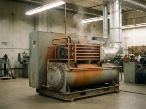 Industrieller Luftkompressor mit Wärmetauscher und isolierten Leitungen auf Fabrikboden, Abwärme über Metalloberflächen sichtbar.