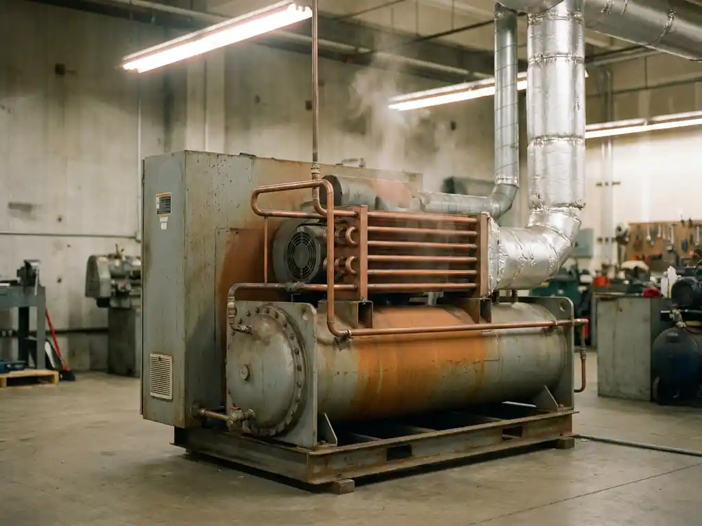 Industrieller Luftkompressor mit Wärmetauscher und isolierten Leitungen auf Fabrikboden, Abwärme über Metalloberflächen sichtbar.