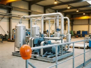 Neu installierte Industriekompressoranlage mit Stahlrohren und Druckbehältern in einer modernen Fabrikhalle, Schutzhelm auf Metallgeländer.