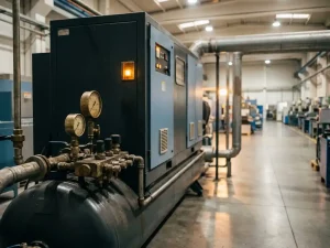 Industrieller Druckluftkompressor auf Fabrikboden mit Druckmessern, Ventilverteiler und Stahlrohrleitungen im Hintergrund.