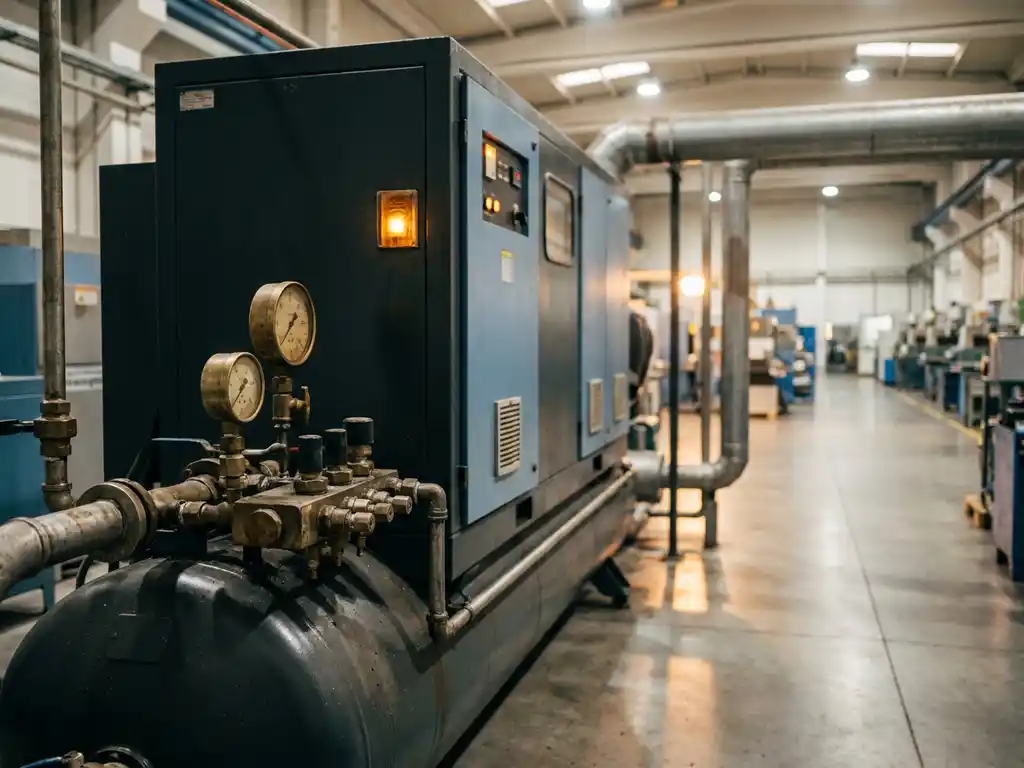 Industrieller Druckluftkompressor auf Fabrikboden mit Druckmessern, Ventilverteiler und Stahlrohrleitungen im Hintergrund.