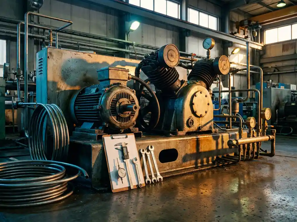 Industrieller Druckluftkompressor auf Fabrikboden mit Druckmessgeräten, Stahlrohren und Techniker-Klemmbrett im Seitenlicht.