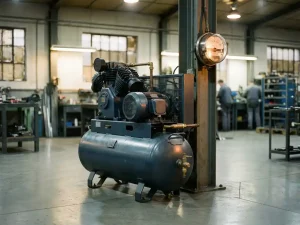 Industrieller Druckluftkompressor auf Fabrikboden neben Stromzähler mit drehendem Zifferblatt, Werkstattatmosphäre in warmem Bernsteinlicht.