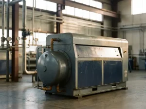 Industrieller Luftkompressor auf Fabrikboden mit Metallrohren und Druckmessern im Hintergrund, natürliches Licht durch Lagerhausfenster.