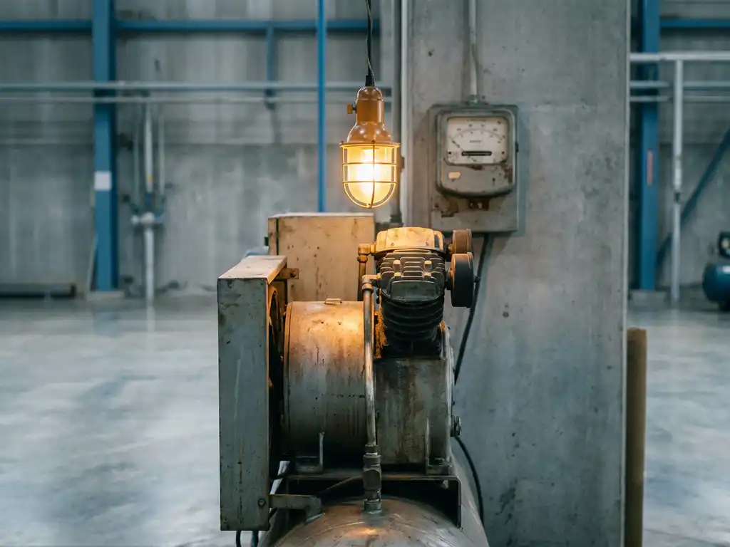 Industrieller Druckluftkompressor auf Fabrikboden, beleuchtet von einer Hängelampe mit warmem Licht, Energiezähler an Betonwand im Hintergrund.