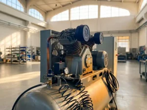 Industrieller Luftkompressor in einer hellen Fabrikhalle mit goldenem Lichteinfall durch Hochfenster auf Betonboden.