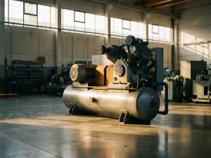 Industrieller Luftkompressor in einer sauberen Fabrikhalle mit warmem Licht durch hohe Fenster und polierten Betonboden.