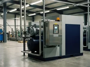 Industriekompressor mit Frequenzumrichter-Panel auf Fabrikboden, Stahlrohrleitungen und amber Warnleuchte sichtbar.