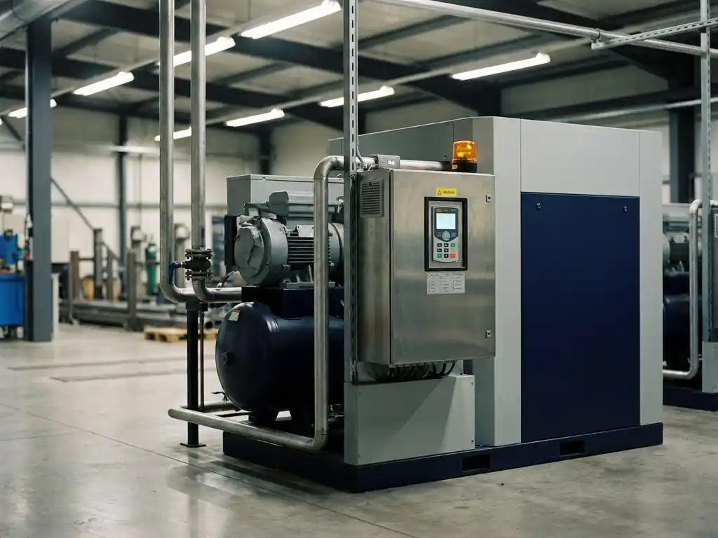 Industriekompressor mit Frequenzumrichter-Panel auf Fabrikboden, Stahlrohrleitungen und amber Warnleuchte sichtbar.