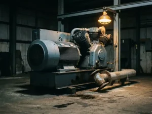 Industrieller Luftkompressor in Fabrikhalle mit loser Rohrverbindung, Ölflecken auf Betonboden, beleuchtet von Arbeitslampe.