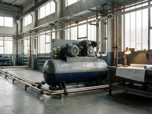 Industrieller Druckluftkompressor auf Betonboden mit Kupfer- und Stahlrohrleitungen, technische Skizzen auf Werkbank im Hintergrund.