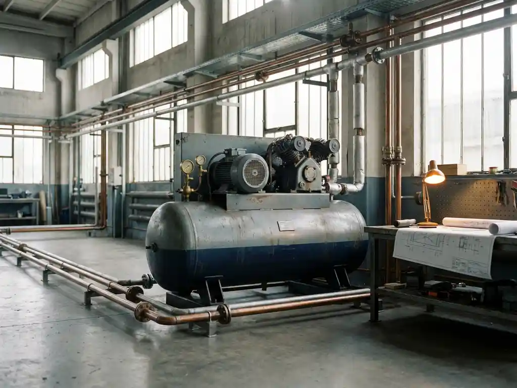 Industrieller Druckluftkompressor auf Betonboden mit Kupfer- und Stahlrohrleitungen, technische Skizzen auf Werkbank im Hintergrund.