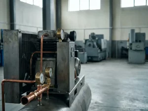 Industrieller Luftkompressor auf Betonboden einer Fabrikhalle mit Druckmessern und Kupferrohranschlüssen im Vordergrund.