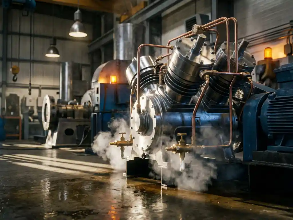 Industriekompressor mit Stahlzylindern und Kupferleitungen auf Fabrikboden, Druckluft kondensiert an Auslassventilen.