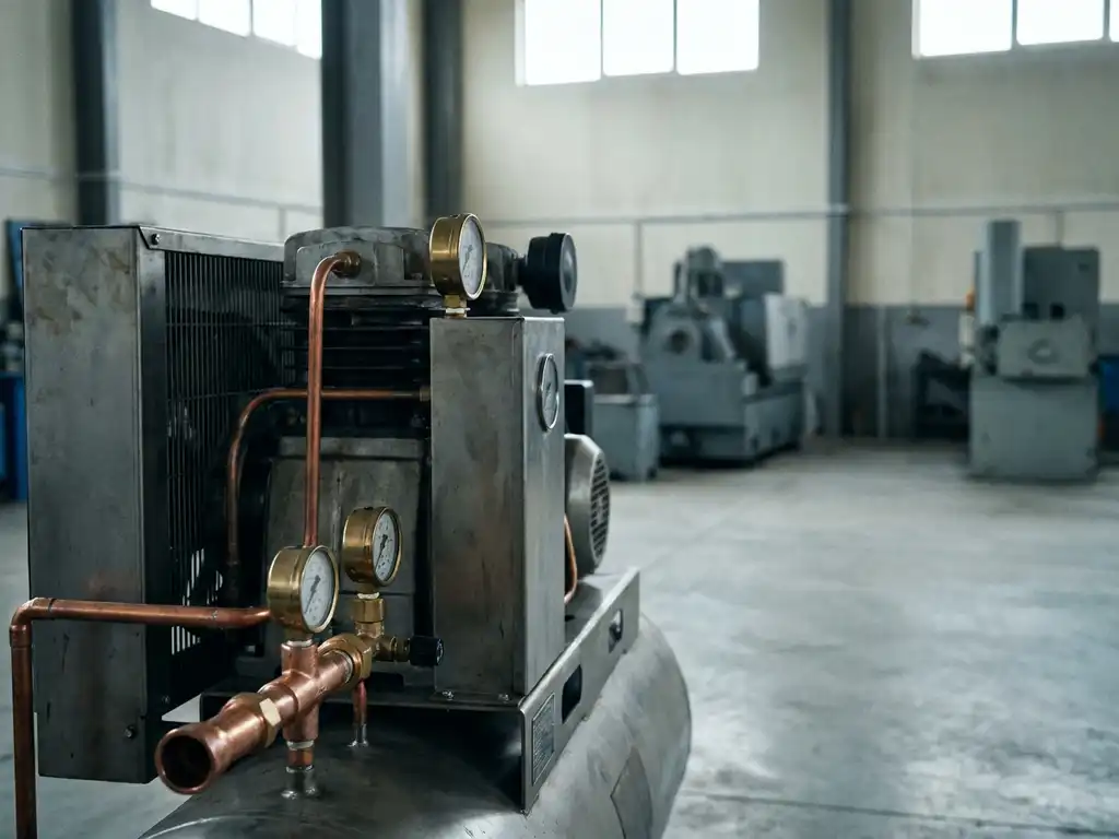 Industrieller Luftkompressor auf Betonboden einer Fabrikhalle mit Druckmessern und Kupferrohranschlüssen im Vordergrund.