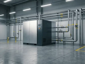 Industrieller Luftkompressor mit verzweigtem Stahlrohrnetz auf poliertem Betonboden einer modernen Fabrikhalle.