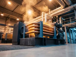 Industrieller Luftkompressor mit leuchtenden Wärmetauscherrohren, der Abwärme als goldenen Dunst in ein Heizsystem leitet.