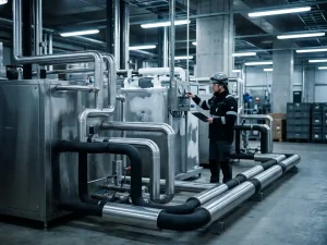 Industrielle Kühlanlage mit Stahlrohren und isolierten Leitungen; Techniker mit Schutzhelm prüft Manometer in moderner Fabrikhalle.