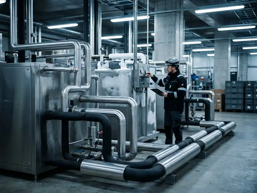 Industrielle Kühlanlage mit Stahlrohren und isolierten Leitungen; Techniker mit Schutzhelm prüft Manometer in moderner Fabrikhalle.