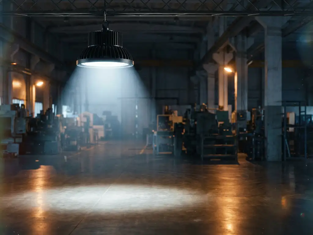 Industrielle LED-Hallentiefstrahler beleuchtet Fabrikboden mit fokussiertem weißem Lichtkegel, Maschinen im dunklen Hintergrund sichtbar.