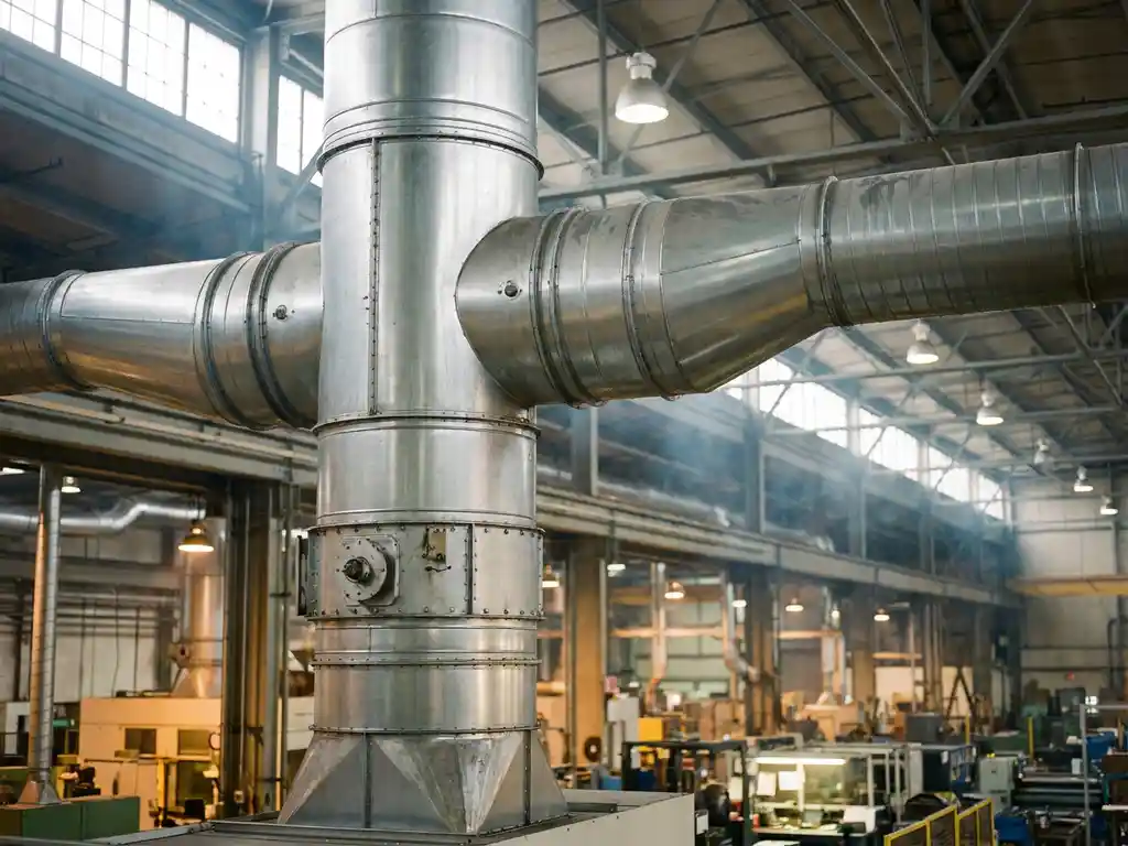 Industrielle Lüftungsanlage an Fabrikhalle-Decke mit verzweigten Silberkanälen und warmem Umgebungslicht.