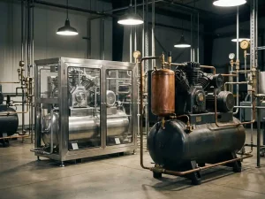 Zwei Industriekompressoren nebeneinander: ölfreie Edelstahleinheit links, Modell mit Kupfer-Ölreservoir rechts, umgeben von Rohrleitungen und Manometern.
