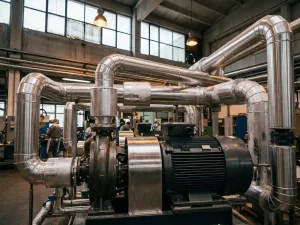 Industrielle Vakuumpumpe mit polierten Stahlarmaturen und Rohrleitungsnetz in moderner Fabrikhalle, Kondensation auf kalten Rohroberflächen sichtbar.