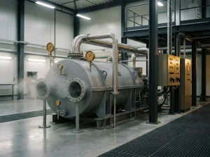 Industrielle Vakuumpumpenanlage mit polierten Stahlrohren und Manometern in einer modernen Fertigungshalle.