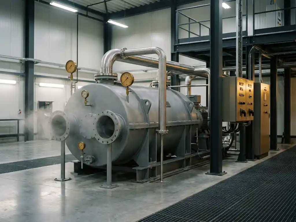 Industrielle Vakuumpumpenanlage mit polierten Stahlrohren und Manometern in einer modernen Fertigungshalle.