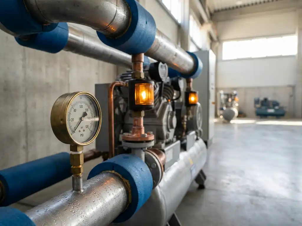 Industrieller Druckluftkompressor auf Fabrikboden mit Manometer im Fokus, Kondensation auf Stahlrohren, natürliches Licht.
