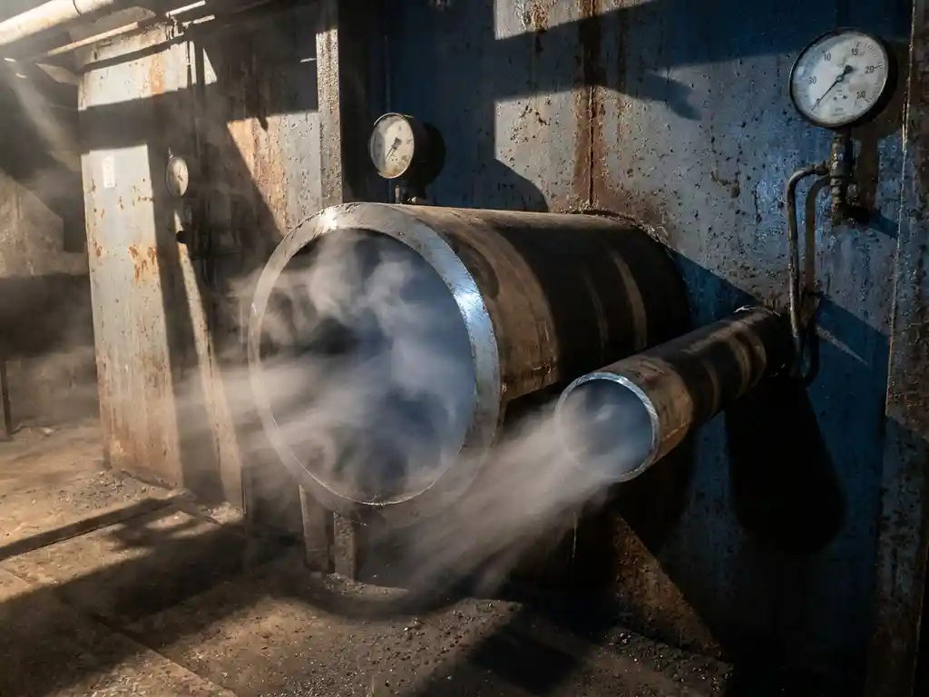 Querschnitt eines dicken Industrierohrs neben schmalem Rohr in Fabrikkorridoren mit Druckmessgeräten an verwitterten Metallwänden.