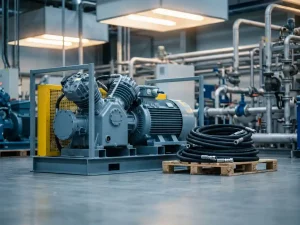 Industrieller Mietkompressor auf Fabrikboden mit aufgerollten Hochdruckschläuchen, Stahlrohren und Maschinen im Hintergrund.